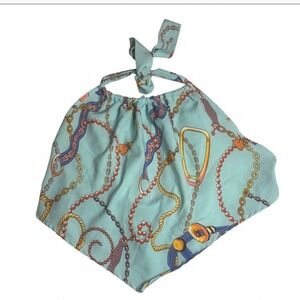 Womens Light Blue Chain Print Halter Tie Top Handkerchief Hem Boho Large
